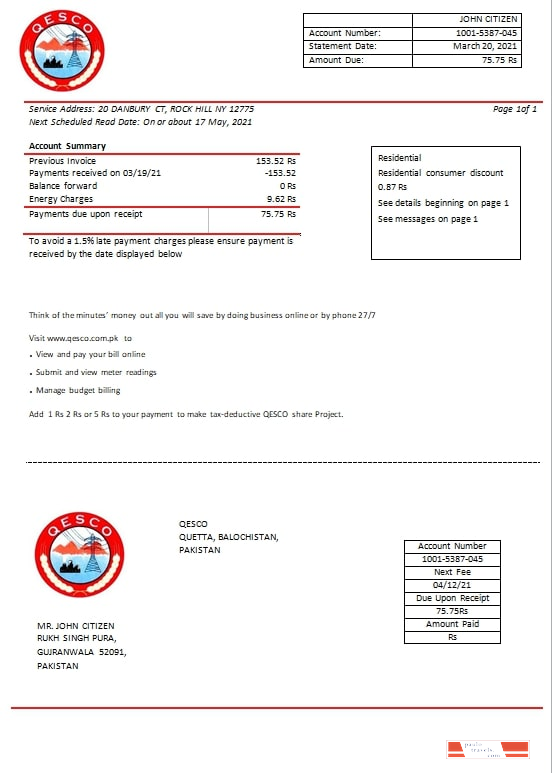 Pakistan Quetta Electric Supply Company electricity utility bill template in Word and PDF format